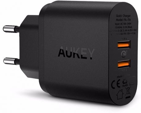 Сетевое зарядное устройство Aukey, 2порта, Qualcomm Quick Charge 3.0, (ритейл) черное