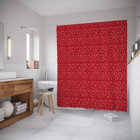 Штора (занавеска) для ванной "Новогодняя кутерьма в красном" из ткани, 180х200 см с крючками