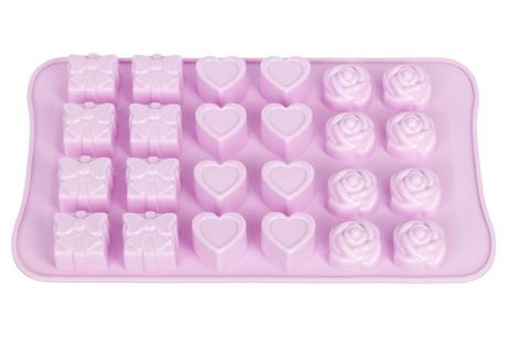 Форма силиконовая для шоколадных изделий и льда "Микс" сиреневая, 24 ячейки ( бантик, сердце, роза) 23,3*14*2 см., упаковка - картонный хедер