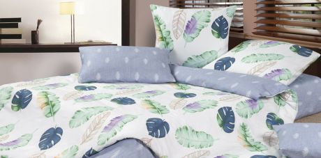 Комплект постельного белья Ecotex КГ1 "Гавайи" КПБ "Гармоника" 1,5 (70х70-2) сатин-комфорт, голубой, зеленый, белый
