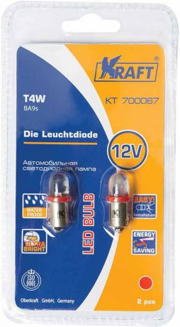 Лампа автомобильная светодиодная Kraft "Basic", T4W (BA9s), 12V, Red, 2 шт