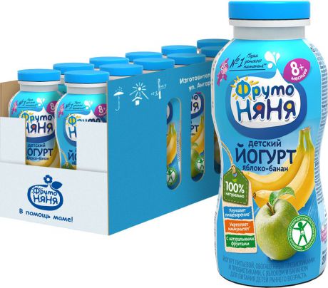Йогурт питьевой ФрутоНяня, обогащенный пребиотиками и пробиотиками, с яблоком и бананом, 2,5%, 12 шт по 200 г