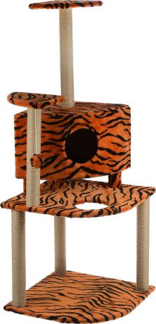 Игровой комплекс для кошек "Меридиан", с домиком и когтеточкой, цвет: оранжевый, черный, бежевый, 55 х 55 х 140 см