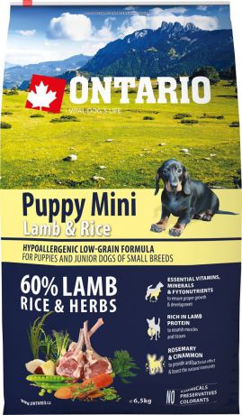 Корм сухой Ontario "Puppy Mini" для щенков мелких пород, с ягненком и рисом, 6,5 кг