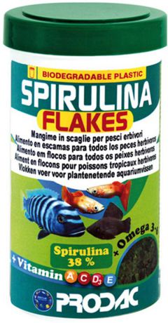 Корм сухой Prodac "Spirulina Flakes", для аквариумных пресноводных рыб, в виде хлопьев, 50 г