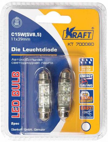 Лампа автомобильная светодиодная Kraft "Basic", C10W (SV8,5), 11 x 39 мм, White, 2 LEDs, 2 шт