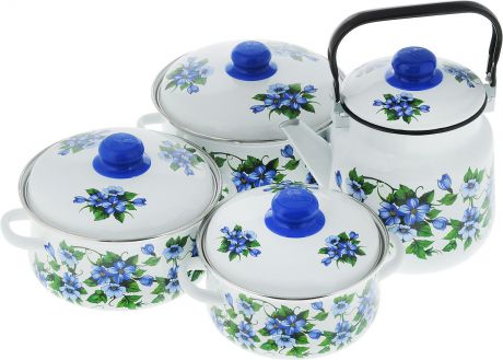 Набор посуды Эмаль "Забава", цвет: белый, синий, зеленый, 8 предметов