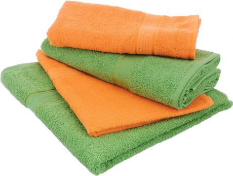 Набор махровых полотенец "Aisha Home Textile", цвет: оранжевый, зеленый, 4 шт