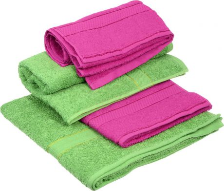 Набор махровых полотенец "Aisha Home Textile", цвет: зеленый, малиновый, 4 шт