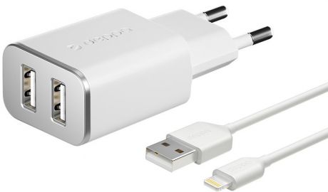 СЗУ Deppa 2USB 2.4А+дата-кабель USB-Lightning MFI white