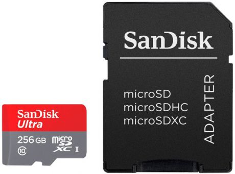 Карта памяти MicroSDHC SanDisk 256Gb Class10 с адаптером UHS-I U3 90MB/sSDSQUAR-256G-GN6MA grey-red