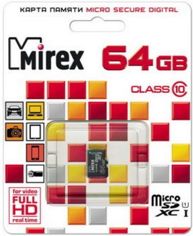 Карта памяти MicroSDHC Mirex 64GB Class10 без адаптера UHS-I black