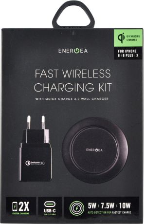 Беспроводное зарядное устройство Energea Widisk75 kit + СЗУ QC 3.0 + кабель USB-Type-C Black