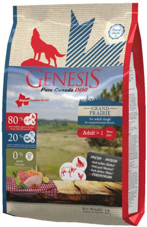 Корм сухой Genesis, для взрослых собак всех пород с чувствительным пищеварением, с курицей, буйволом и перепелками, 907 г