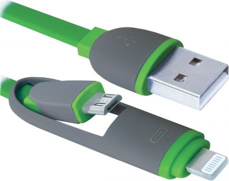 Кабель USB Defender 87489, USB10-03BP, MicroUSB+Lightning 1м, зеленый