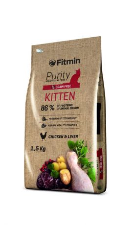 Fitmin Cat Purity беззерновой корм для котят до 12 месяцев, беременных и кормящих кошек 1,5кг