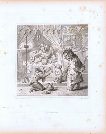 Гравюра Вильгельм фон Каульбах Королевская фрейлина мартышка Рюкенау пытается защитить перед королём Рейнеке-лиса, своего родственника. Офорт. Германия, Штутгарт, 1867 год