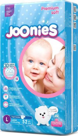 Подгузники Joonies Premium Soft, размер L, 9-14 кг, 52 шт