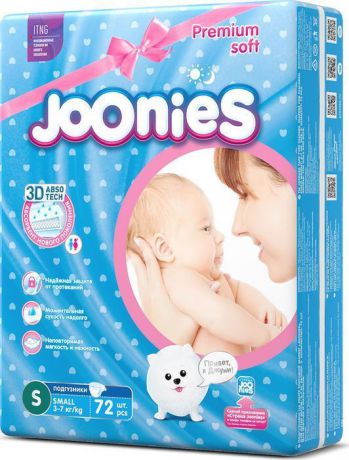 Подгузники Joonies Premium Soft, размер S, 3-7 кг, 72 шт