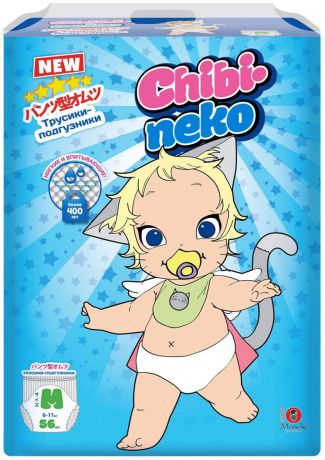 Maneki Подгузники-трусики детские одноразовые Chibi-Neko размер M 6-11 кг 56 шт