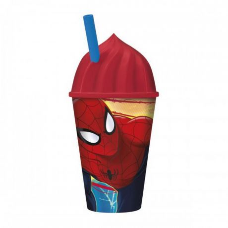 Стакан пластиковый с соломинкой и объемной крышкой в виде мороженного Stor (430 мл). Человек-паук Красная паутина, арт.33485