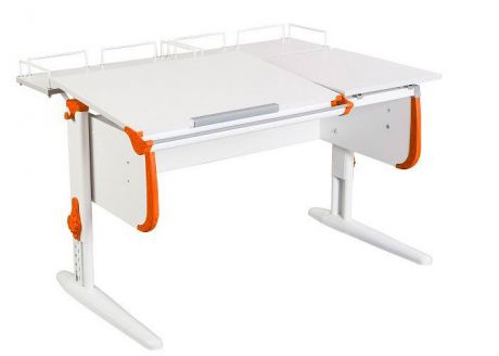 Парта Дэми СУТ-25-01 WHITE DOUBLE с раздельной столешницей и двумя задними приставками (цвет столешницы: белый, цвет боковин: оранжевый, цвет ножек стола: белый)