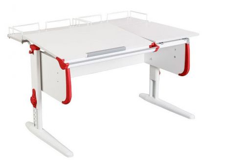Парта Дэми СУТ-25-01 WHITE DOUBLE с раздельной столешницей и двумя задними приставками (цвет столешницы: белый, цвет боковин: красный, цвет ножек стола: белый)