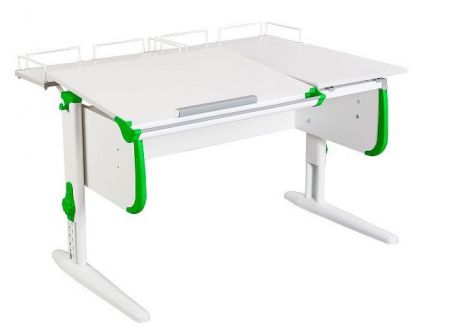 Парта Дэми СУТ-25-01 WHITE DOUBLE с раздельной столешницей и двумя задними приставками (цвет столешницы: белый, цвет боковин: зеленый, цвет ножек стола: белый)