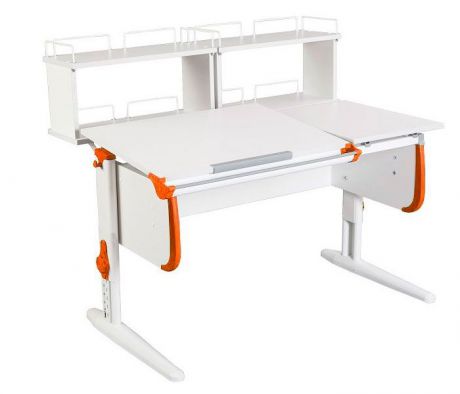 Парта Дэми СУТ-25-01Д2 WHITE DOUBLE с раздельной столешницей и двумя задними двухярусными приставками (цвет столешницы: белый, цвет боковин: оранжевый, цвет ножек стола: белый)