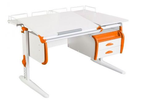 Парта Дэми СУТ-25-04 WHITE DOUBLE с раздельной столешницей, двумя задними приставками и подвесной тумбой (цвет столешницы: белый, цвет боковин: оранжевый, цвет ножек стола: белый)