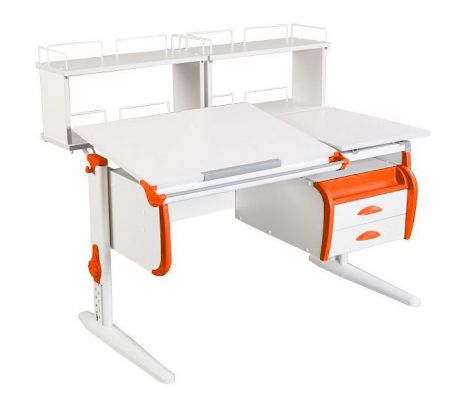 Парта Дэми СУТ-25-04Д2 WHITE DOUBLE с раздельной столешницей, двумя задними двухъярусными приставками и подвесной тумбой (цвет столешницы: белый, цвет боковин: оранжевый, цвет ножек стола: белый)