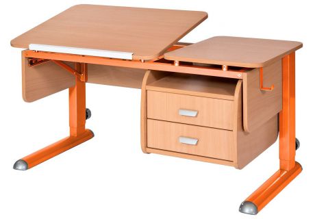 Парта для дома Астек ТВИН-2 с подвесной тумбой (цвет столешницы: бук, цвет ножек стола: оранжевый)