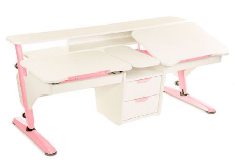 Растущая парта Pondi Эргономик для двоих детей (цвет столешницы: белый, цвет ножек стола: розовый)