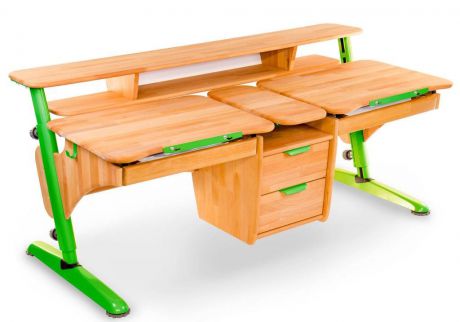 Растущая парта из массива Pondi Эргономик для двоих детей (цвет столешницы: бук массив, цвет ножек стола: зеленый)