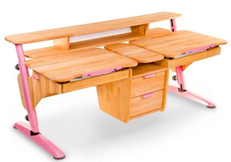 Растущая парта из массива Pondi Эргономик для двоих детей (цвет столешницы: бук массив, цвет ножек стола: розовый)