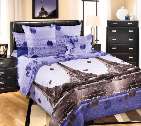 Комплект белья Текс-Дизайн "Романтика Парижа 1", 2-спальный, наволочки 70х70, цвет: фиолетовый, сиреневый, темно-коричневый