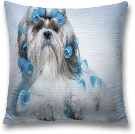 Наволочка декоративная Magic Lady "Собачка и бигуди", цвет: голубой, 45 x 45 см