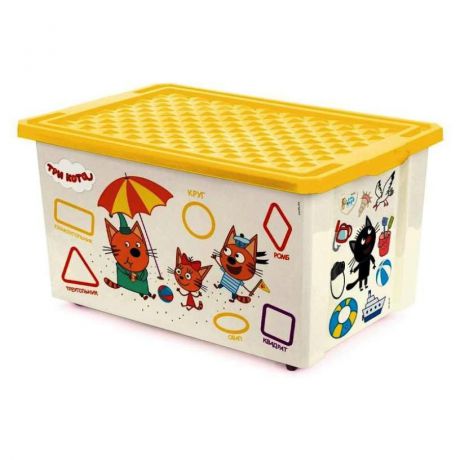 Ящик на колесах (контейнер, коробка) для игрушек 57 литров с желтой крышкой ТРИ КОТА ОБУЧАЙКА CЧИТАЙ, 79,5X59X44 см, хранение детских вещей, пластик, Little Angel