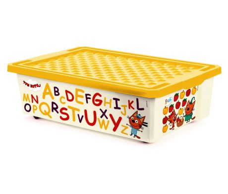 Ящик на колесах (контейнер, коробка) для игрушек 30 литров с желтой крышкой ТРИ КОТА ОБУЧАЙКА CЧИТАЙ на колесиках, 60х40х17,5 см., Little Angel, Plastic Republic