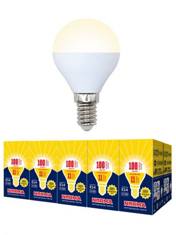Лампочка Volpe Комплект из 10 светодиодных ламп LED-G45-11W/WW/E14/FR/NR Форма "шар", матовая. Теплый белый свет (3000K), Теплый свет 11 Вт, Светодиодная