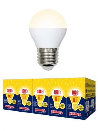 Лампочка Volpe Комплект из 10 светодиодных ламп LED-G45-11W/WW/E27/FR/NR Форма "шар", матовая. Теплый белый свет (3000K), Теплый свет 11 Вт, Светодиодная