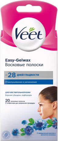 Восковые полоски Veet для чувствительной кожи, для лица, c технологией Easy Gel-wax, 20 шт