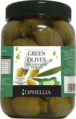Овощные консервы Ophellia Оливки зеленые фаршированные корнишонами, 500 г
