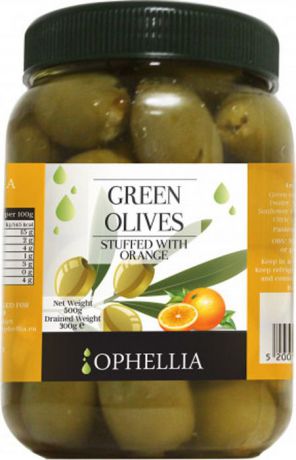 Овощные консервы Ophellia Оливки зеленые фаршированные апельсином, 500 г