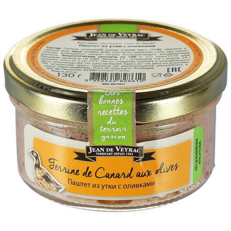 Мясные консервы Jean de veyrac Паштет из утки с оливками, 130 гр Стеклянная банка