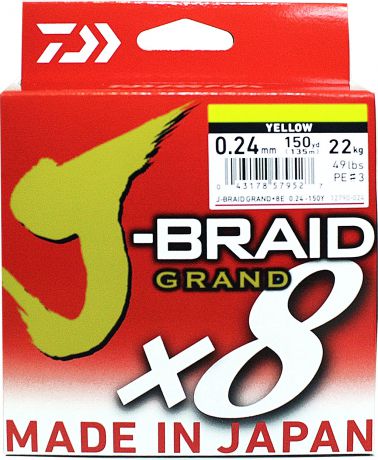 Плетеный шнур Daiwa J-Braid Grand X8, 69572, желтый, 150 м, 0,24 мм