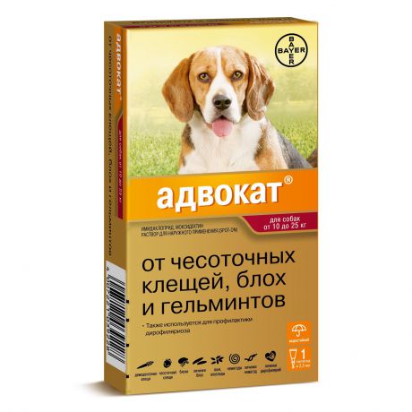 Bayer Golden Line Адвокат 250 для щенков и собак от клещей,блох,глистов (массой от 10кг до 25 кг) (3 пипетки)