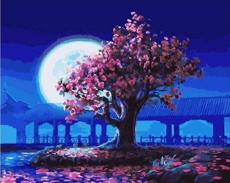 Картина по номерам Цветной "Розовое дерево на фоне Луны" 40х50см