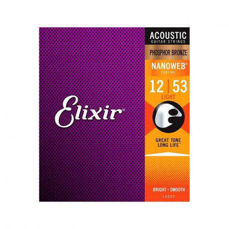 Elixir 16052 NanoWeb струны для акустической гитары 12-53 фосфор/ бронза