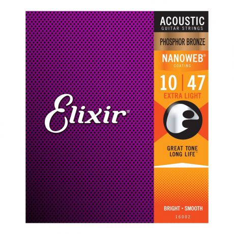 Elixir 16002 NanoWeb струны для акустической гитары Extra Light 10-47, фосфор/ бронза